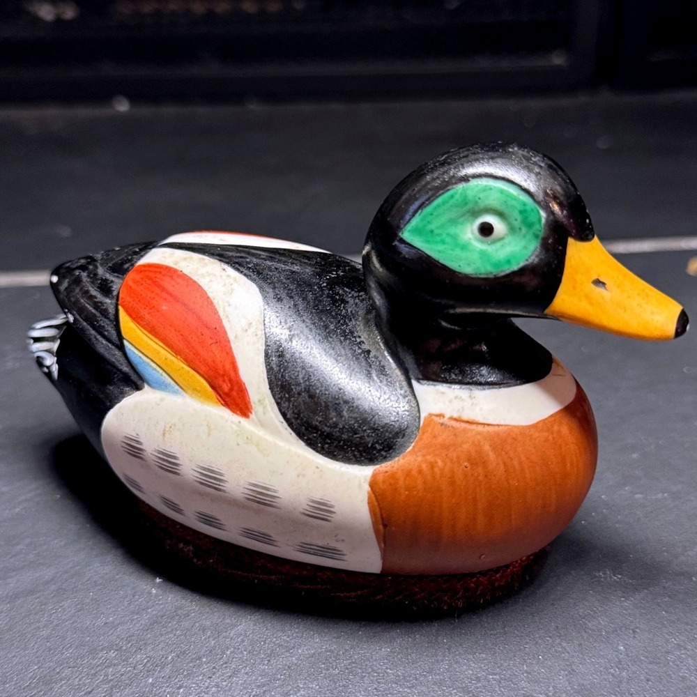 Vtg Hand Painted Ceramic Mallard Duck Lint Brush Figurine Multi Color 5 Inch